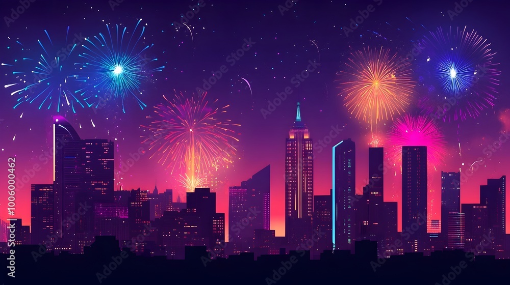 Aufkleber dazzling array of colorful fireworks exploding over a modern city skyline at night in a flat design 