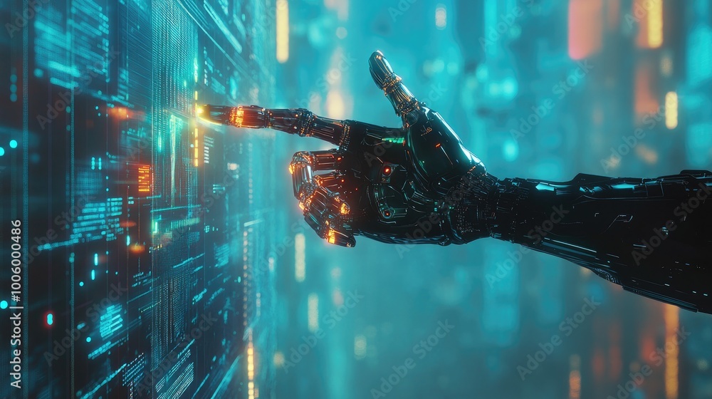 Poster a cybernetic humanoid in a sci-fi setting with a glowing bionic hand, connected to a futuristic ai c