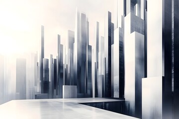 Fototapeta premium Expansive modernist cityscape featuring a sprawling skyline of abstract geometric skyscrapers with smooth monochromatic surfaces and a precise architectural design