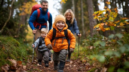 Fototapeta premium Family enjoying an autumn hike in the forest, children leading the way, dressed warmly with smiles.