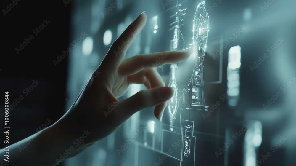 Aufkleber hand controlling virtual interface with holographic displays, showcasing advanced technology and int