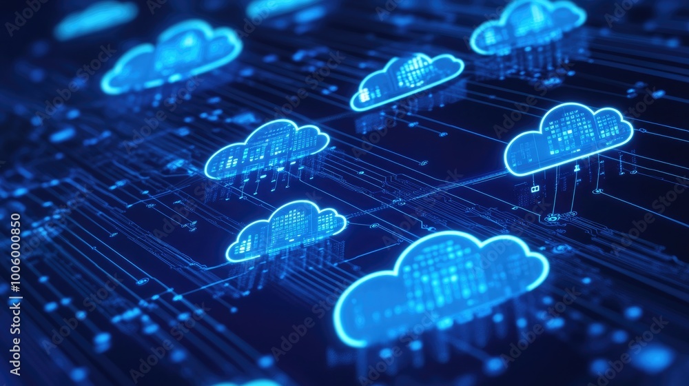 Poster a digital interface showing multiple hologram cloud icons connected to a network, symbolizing cloud 