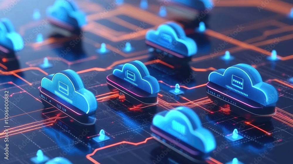 Poster a digital interface showing multiple hologram cloud icons connected to a network, symbolizing cloud 