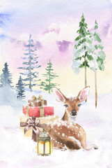 Watercolor magical Christmas forest with cute deer, present boxes, lantern, pine, fir trees, fairytale clouds. Hand drawn watercolor illustration. Winter background, snowy landscape