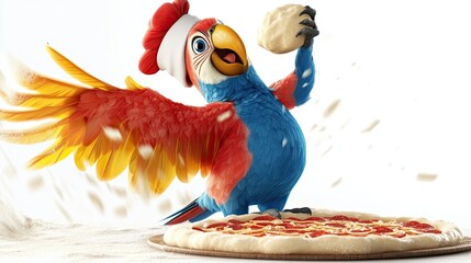 A Cartoon Parrot Wearing a Chef Hat Making a Pepperoni Pizza