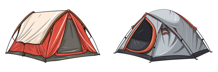 Vector illustration of two unique tent designs in red and gray, perfect for outdoor camping and shelter. Generative AI.