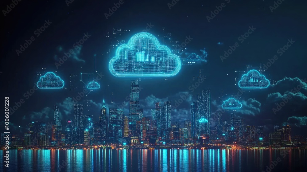 Poster a futuristic city skyline with holographic cloud icons floating in the sky, symbolizing the future o
