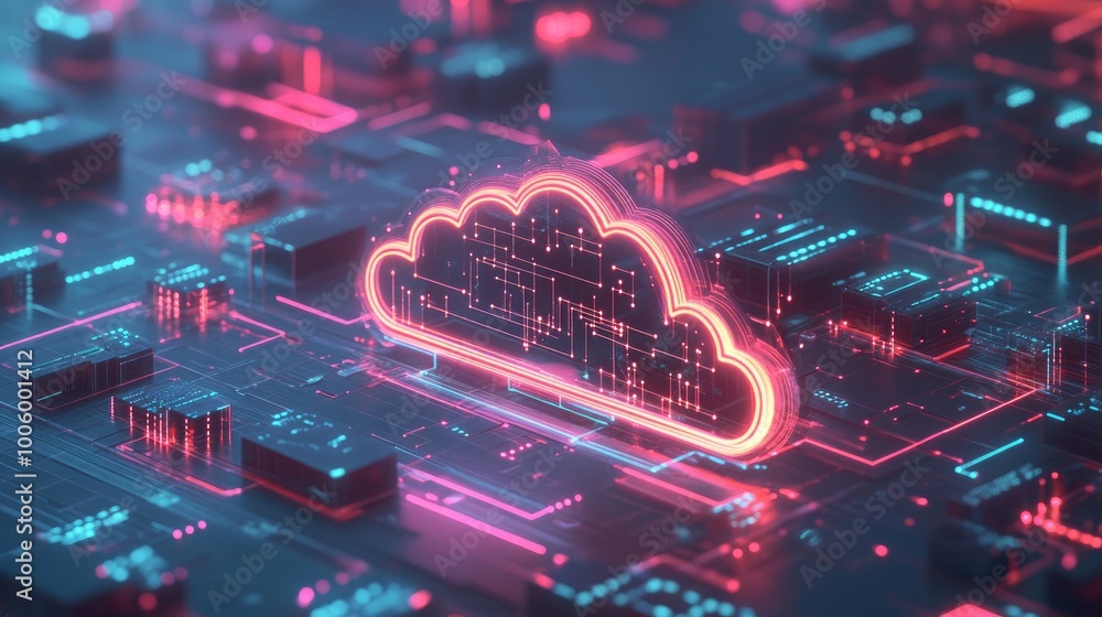 Poster a futuristic hologram of a cloud icon with glowing circuits connected to different devices, symboliz