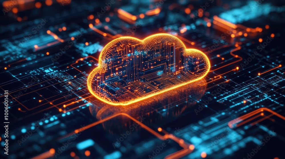 Aufkleber a futuristic hologram of a cloud icon with glowing circuits connected to different devices, symboliz