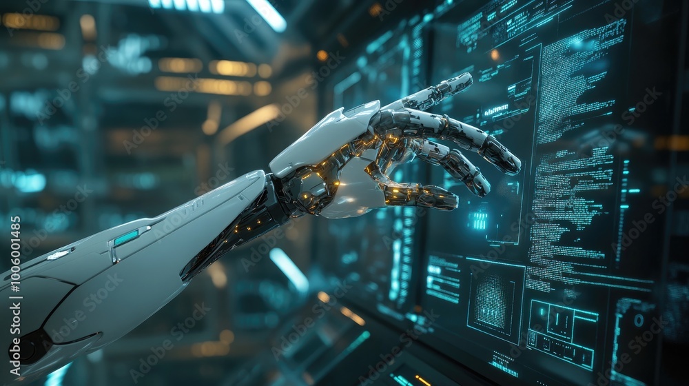 Poster a futuristic humanoid cyborg in a sleek, high-tech environment, controlling a cyber supercomputer. t