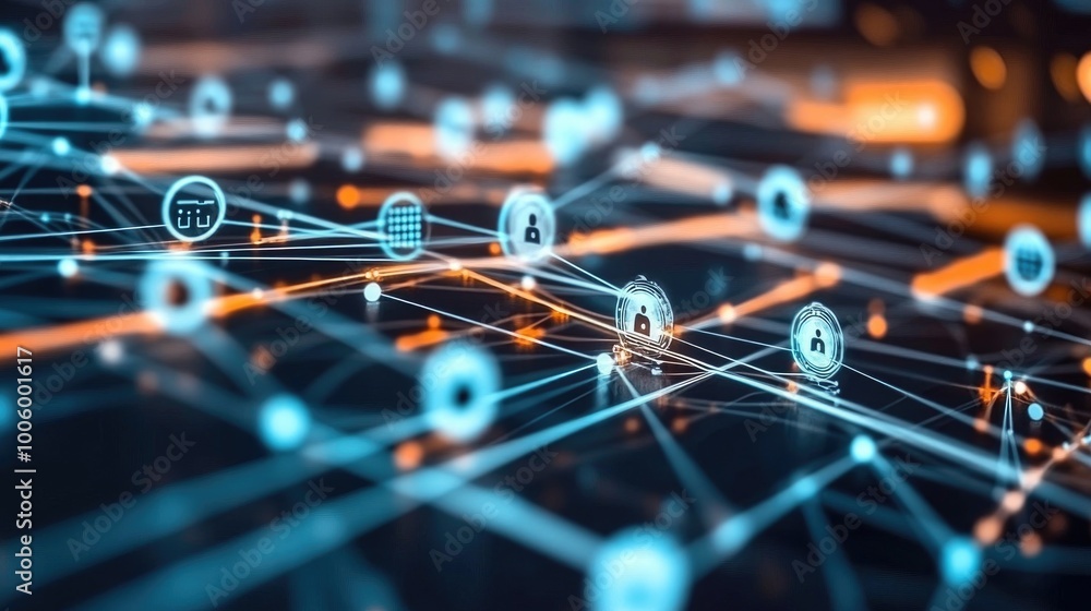 Poster a futuristic network grid with highlighted cyber security breach points being repaired by ai technol