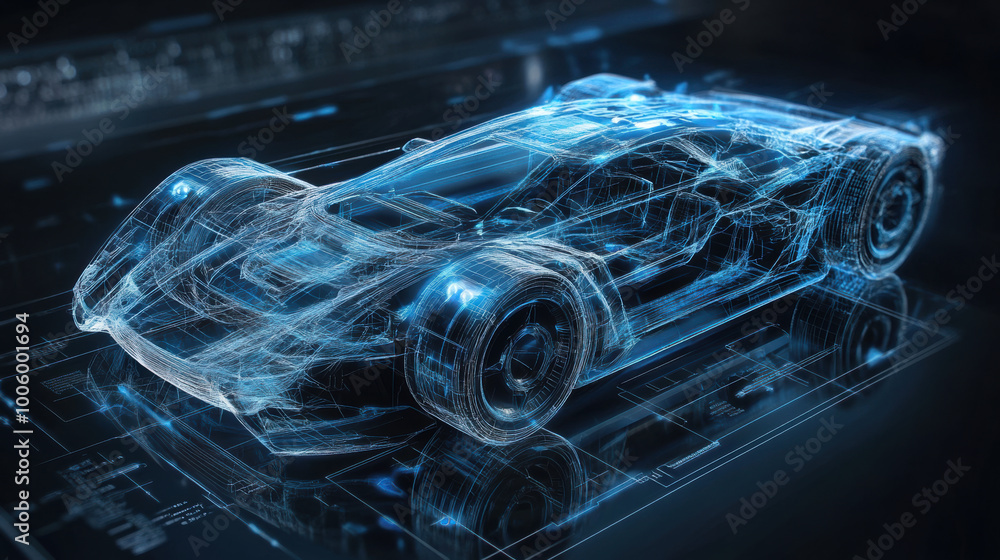 Poster holographic blueprint of futuristic vehicle showcases intricate design and advanced technology, high