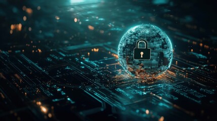 A digital globe with a padlock overlay on a circuit board, set against a dark background, soft lighting effects,  ideal for cybersecurity, global security, and technology themes.