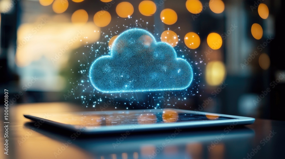 Poster a glowing cloud icon hologram floating above a digital tablet in an advanced workspace, representing