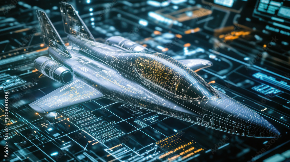 Poster futuristic spacecraft holographic display showcasing advanced technology and design. intricate detai