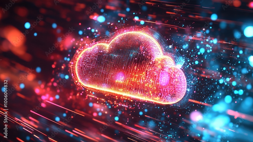 Poster a glowing cloud icon hologram projected in mid-air, surrounded by data streams and digital particles
