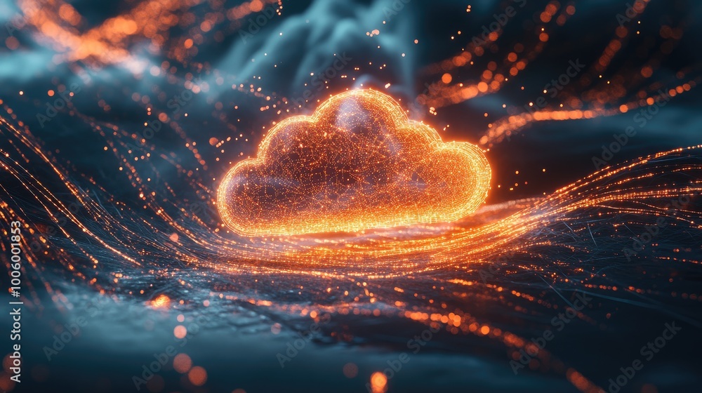 Poster a glowing cloud icon hologram projected in mid-air, surrounded by data streams and digital particles