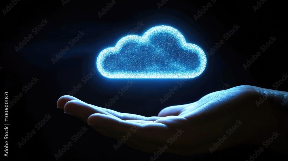Poster a glowing hologram of a cloud icon hovering above a person's hand, symbolizing cloud computing and d