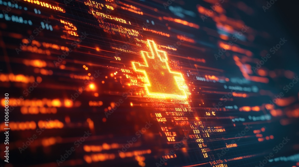Poster a glowing firewall icon on a digital screen with lines of code, representing strong cyber security t