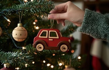 A hand decorates a Christmas tree with a red car ornament amid festive lights and traditional baubles