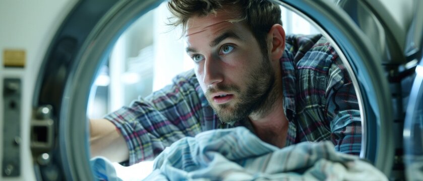 A surprised man with brown hair and a beard, wearing a flannel shirt, is seen through the round door of a washing machine, creating a whimsical vibe. - Powered by Adobe