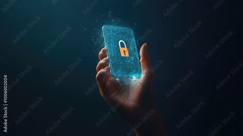 Poster a hand holding a mobile device with a digital lock icon and encryption code overlay, representing mo