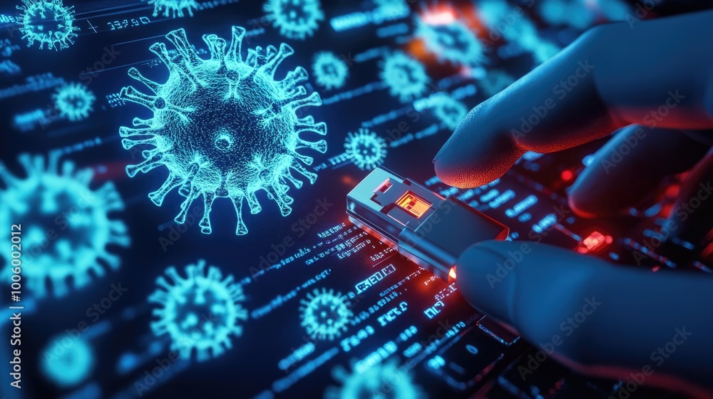 Poster a hacker inserting a usb drive into a computer with digital virus icons surrounding the screen, symb