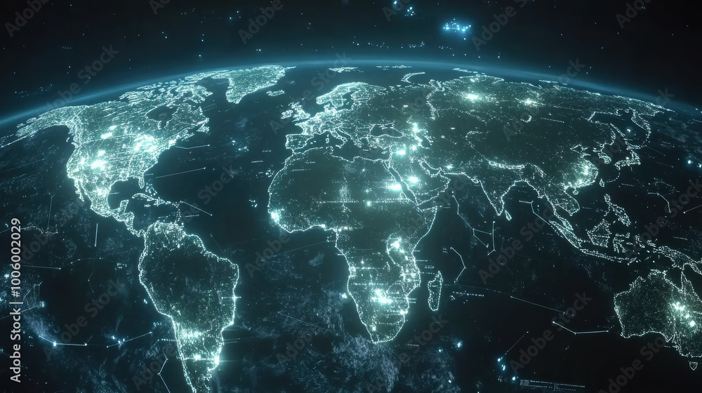 Poster holographic projection of world map illuminated with glowing lines and points, showcasing digital re