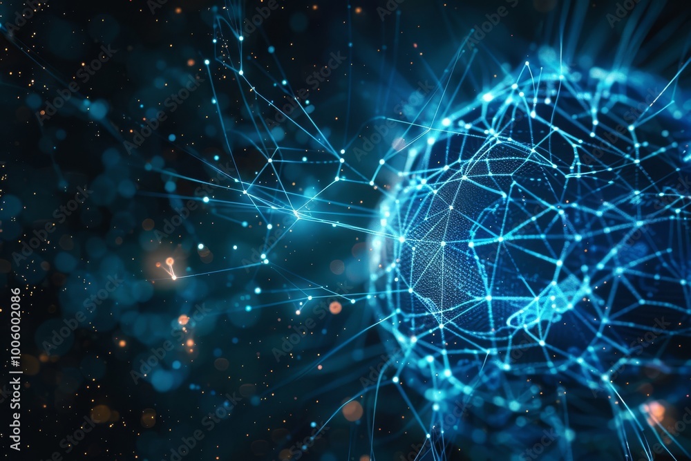 Poster exploring the vibrant connections of a digitally rendered neural network in a cosmic environment. ge