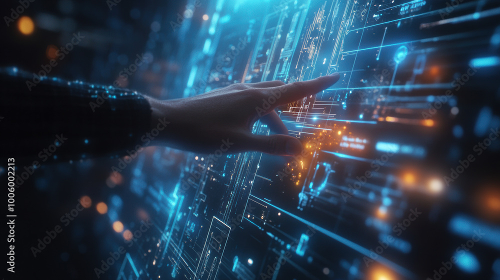 Poster hand interacting with futuristic digital interface, showcasing advanced technology and data visualization. glowing elements create sense of innovation and progress