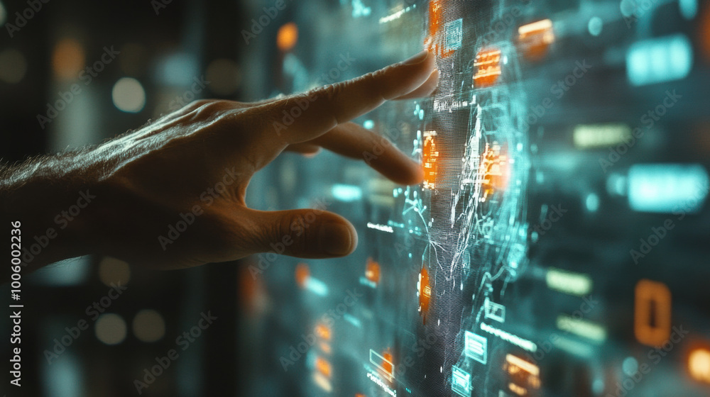 Poster hand interacting with digital interface displaying data and analytics, symbolizing technology and in