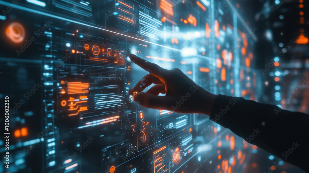 Poster futuristic hand interacting with digital interface, showcasing vibrant holographic data and technolo
