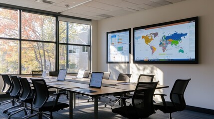 Fototapeta premium A strategic planning session in a conference room with maps and charts on the walls, highlighting long-term vision and goals.