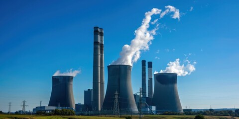 Obraz premium An industrial power plant with large smokestacks and cooling towers, set against a clear blue sky