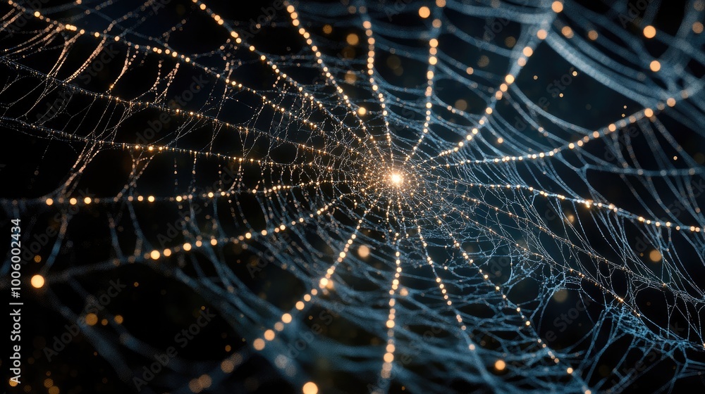 Poster a high-resolution spider web with illuminated nodes of light at intersections, representing a futuri