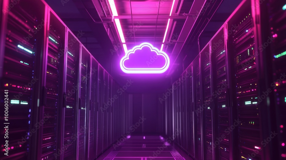 Poster a high-tech server room with a hologram of a cloud icon floating above the servers, representing clo
