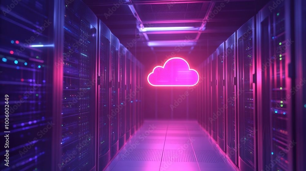 Poster a high-tech server room with a hologram of a cloud icon floating above the servers, representing clo