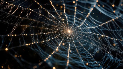 Fototapeta premium A high-resolution spider web with illuminated nodes of light at intersections, representing a futuristic digital network on a transparent background.