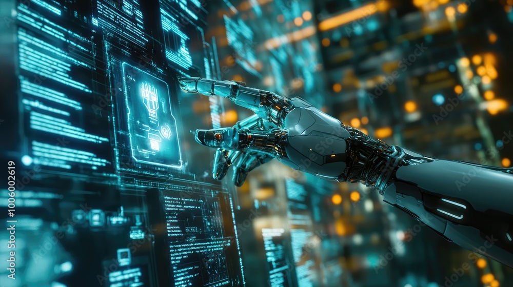 Poster a humanoid cyborg bionic hand reaching out to touch a holographic display, connected to an ai superc