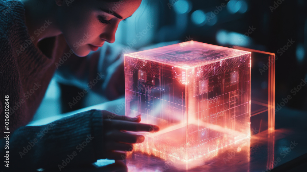Aufkleber person interacting with glowing transparent 3d cube, showcasing advanced technology and digital elem