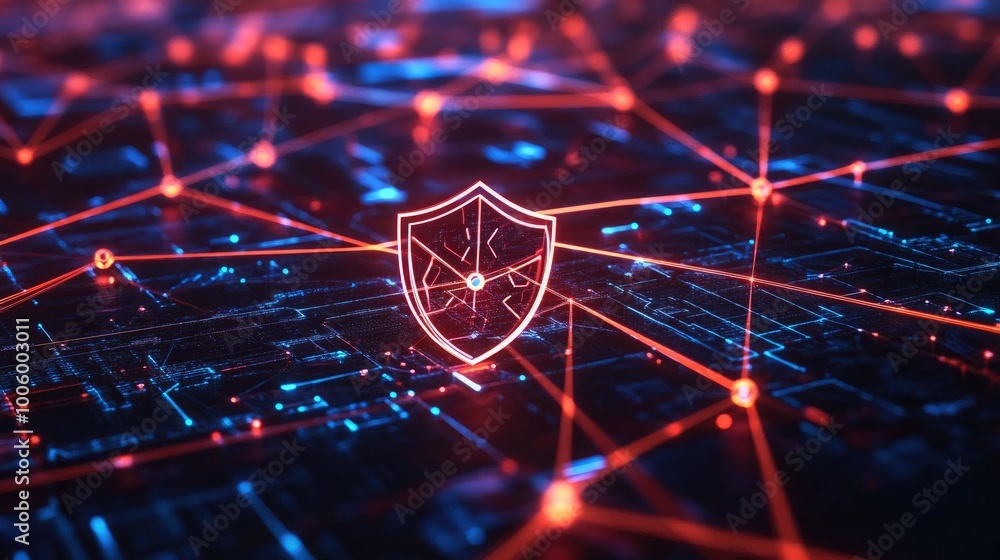 Poster a network infrastructure with glowing connection lines and a central shield icon, visualizing advanc