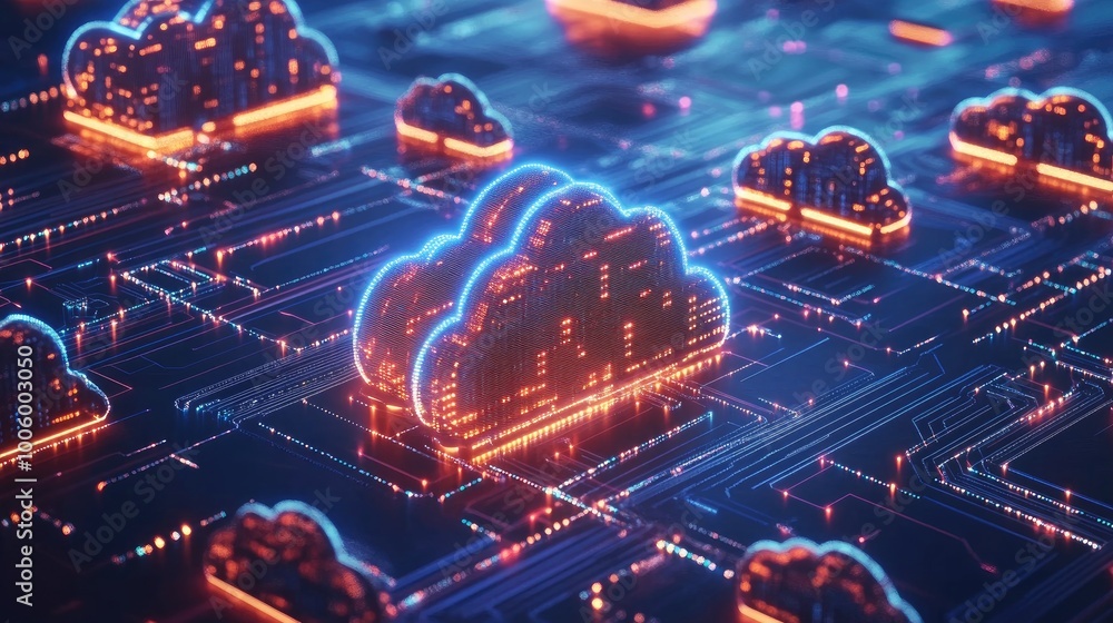 Poster a network of holographic cloud icons connected by bright data streams, symbolizing global cloud infr