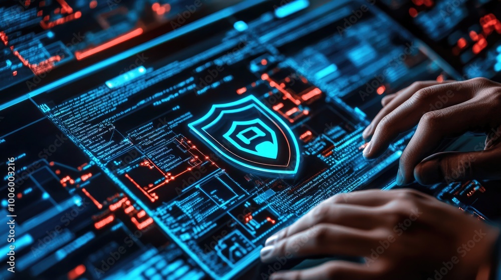 Poster a professional analyzing data on multiple screens with a digital shield icon overlay, representing c