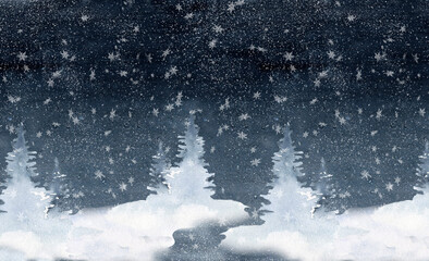 Night winter landscape with forest, firs, snowflakes. Dark blue sky. Hand-drawn watercolor Christmas illustration. Holiday poster, banner, background.