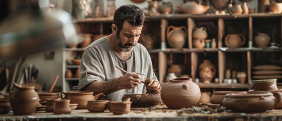 An artisan in a pottery studio is immersed in crafting various clay pots. The scene shows a busy yet organized workspace filled with creative and diverse pottery pieces.
