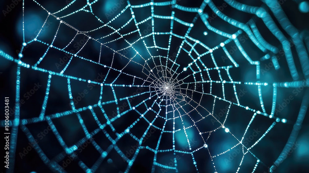 Poster a translucent spider web with interconnected glowing dots of light, symbolizing futuristic tech netw