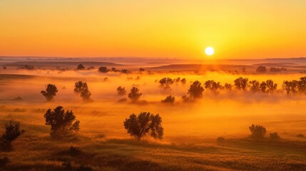 A sunrise over the plains, with mist rising from the ground and the light casting a golden glow across the landscape. -