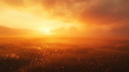 Fototapeta premium A sunrise over the plains, with mist rising from the ground and the light casting a golden glow across the landscape. -