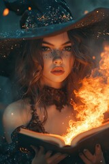 A captivating image of a cute witch with an elegant hat casting a magical spell from a fiery book