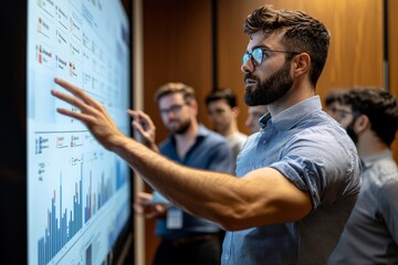 Social scientist presenting findings to a group, using visual data on a large screen, professional academic environment